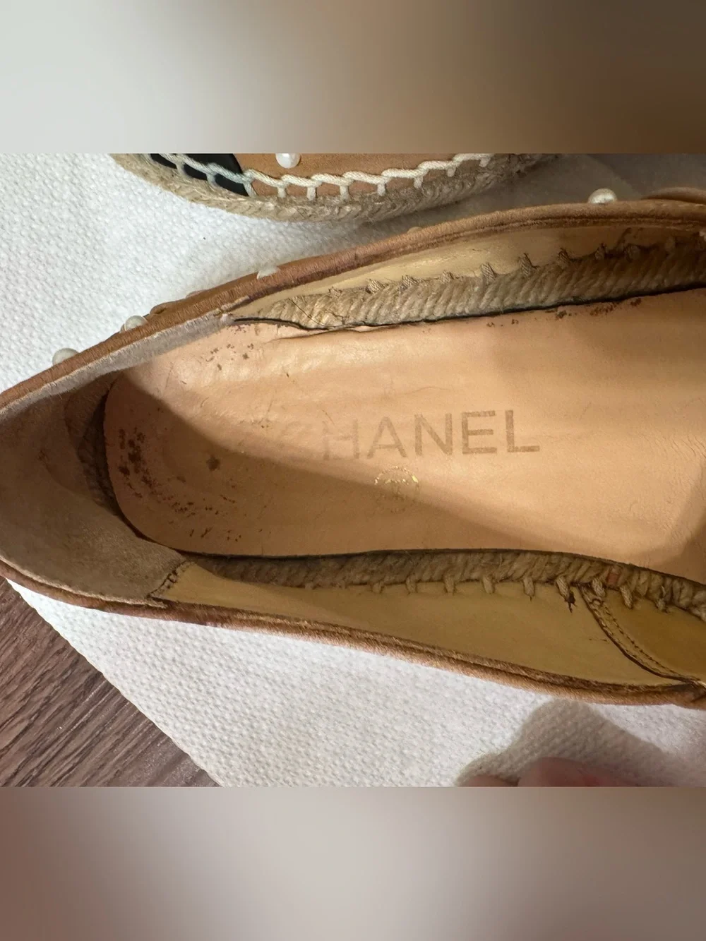 AUTHENTIC CHANEL Tan Suede Pearl-Embellished Flats